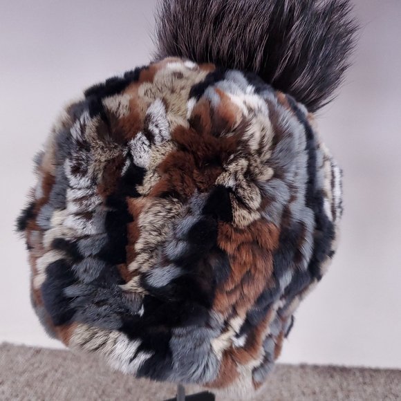 SALE Multicolor Knitted Rex Rabbit Fur Beanie with Fox Pom